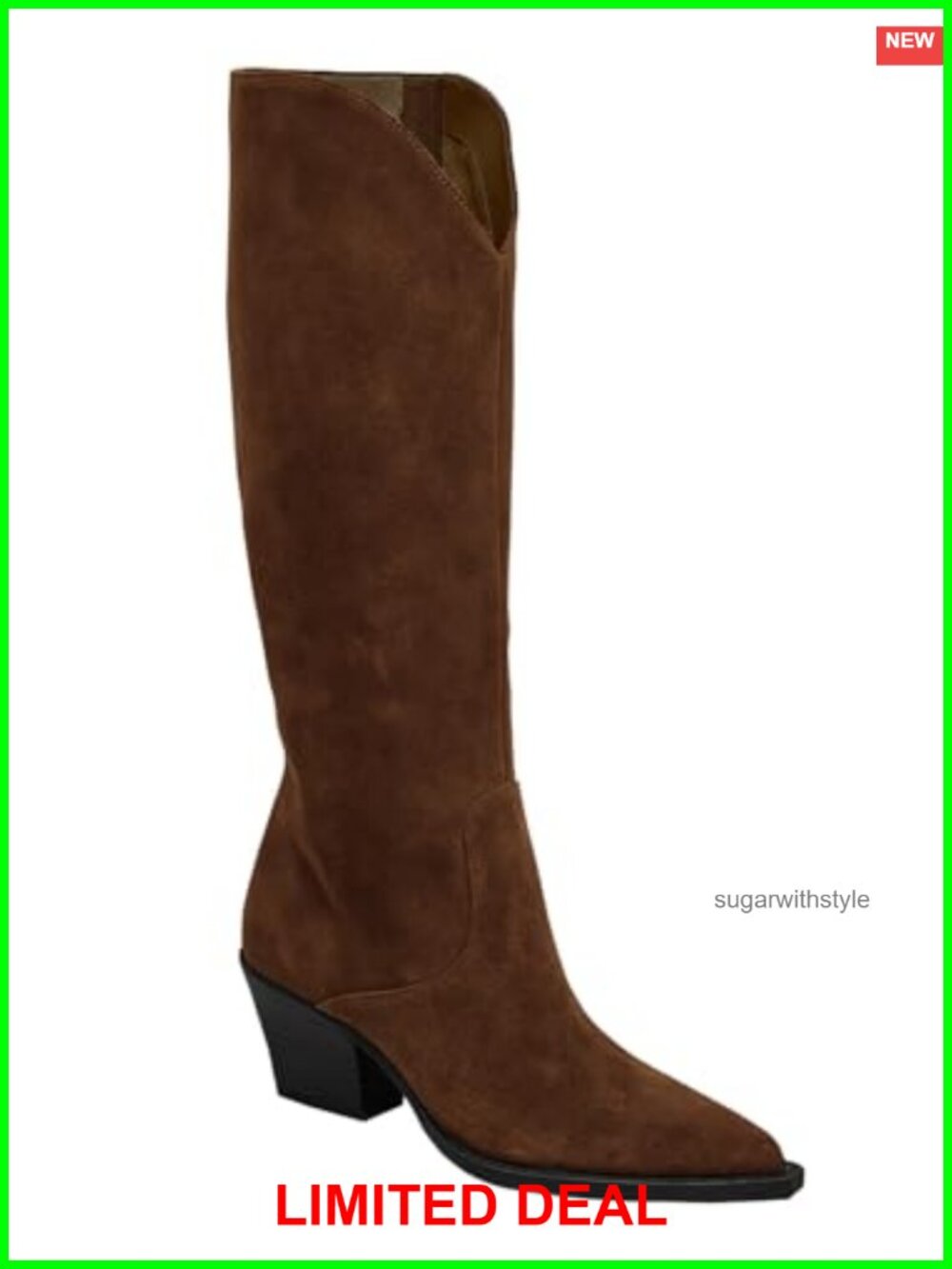 Wide Calf Suede Knee High Cowboy Boots Chunky Heel Pointed Toe Western